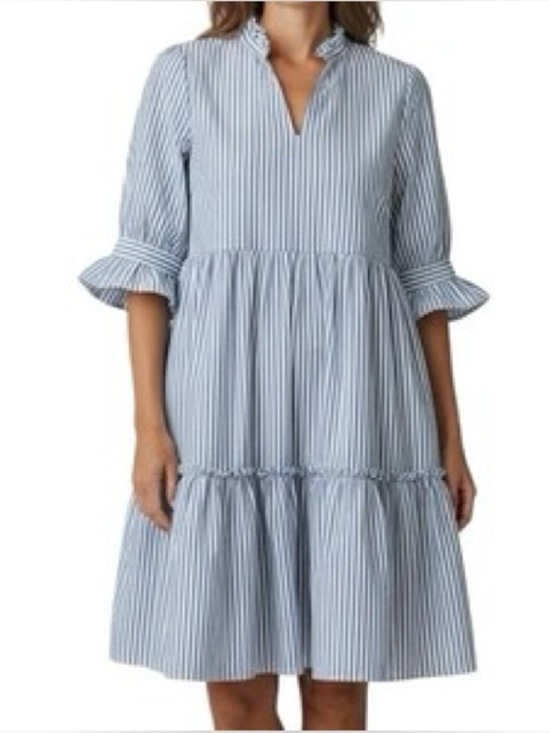 Gretchen Scott Designs Dresses & Skirts - Gretchen Scott Teardrop Tiered Dress Light Blue Pinstripe Size Small